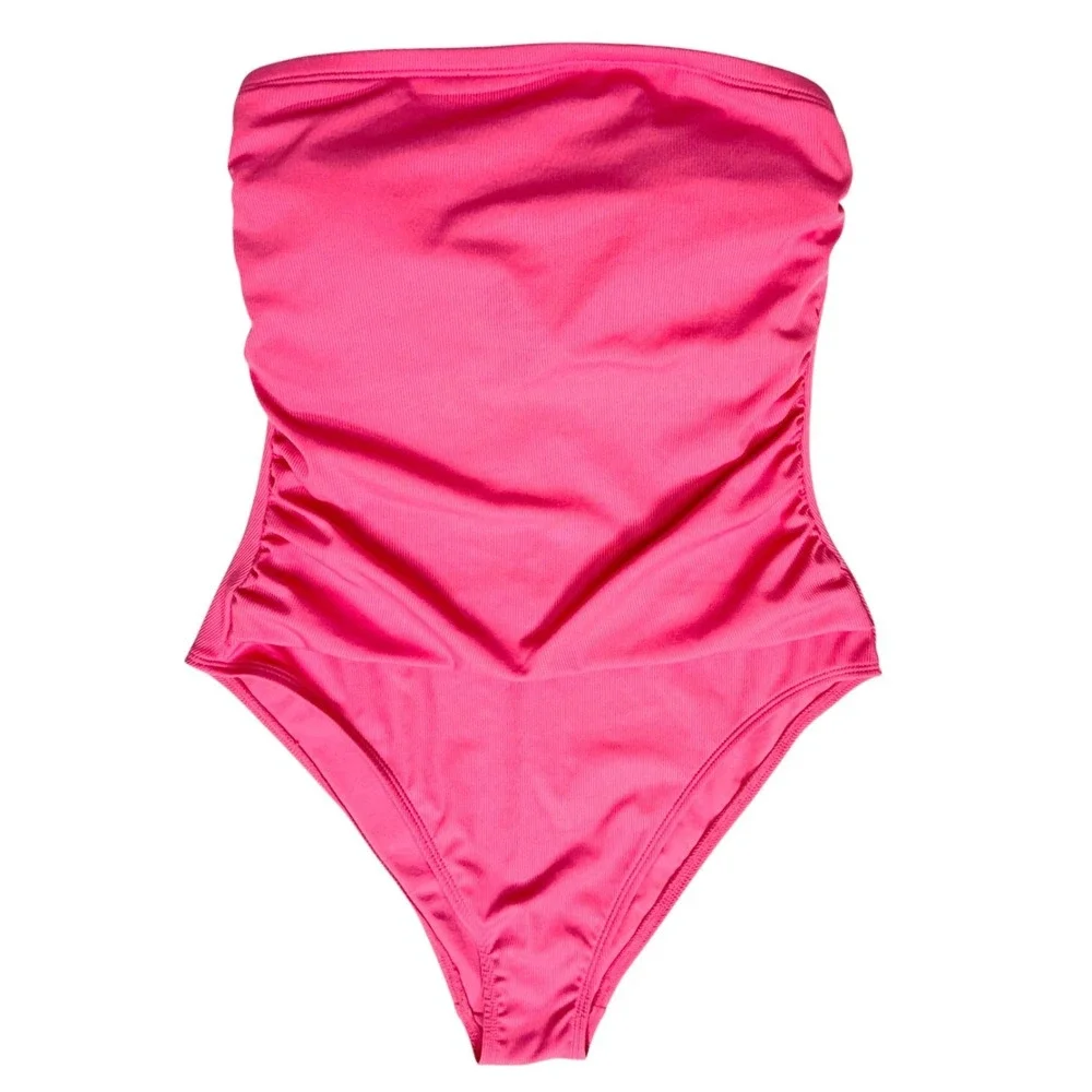 Shade & Shore Sz Medium, Pink Shirred Ribbed Bandeau/Straps Cheeky Swimsuit NEW